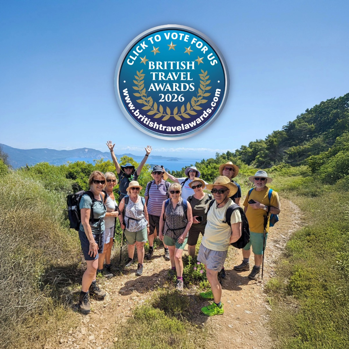 Group of solo travellers walking in greece vote for Solos Holidays in the british travel awards