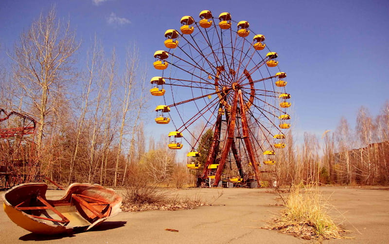 Spooky abandoned fairground ride in Chernobyl in Ukraine