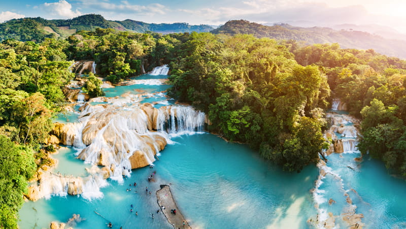 The beautiful blue Agua Azul Waterfalls in Mexico