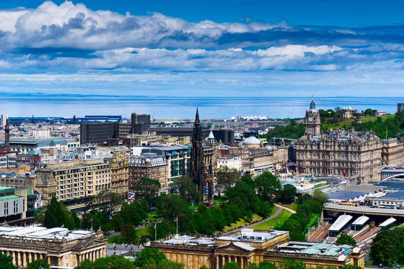 Edinburgh skyline overlooking the sea in the UK