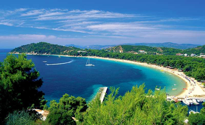 Looking down the beach on the Greek island of Skiathos