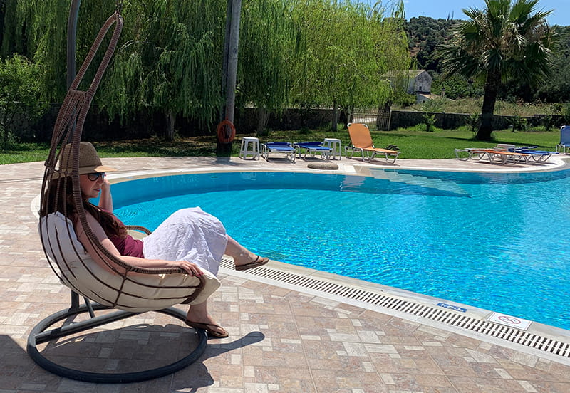 Honey relaxing by the pool