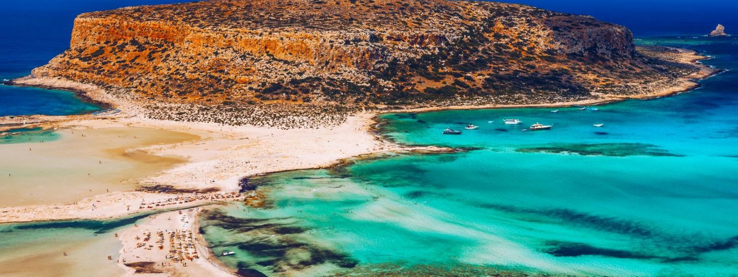 Balos lagoon, Crete island, Greece: Panoramic view of Balos Lagoon on Crete, Greece. Cap Tigani in the center