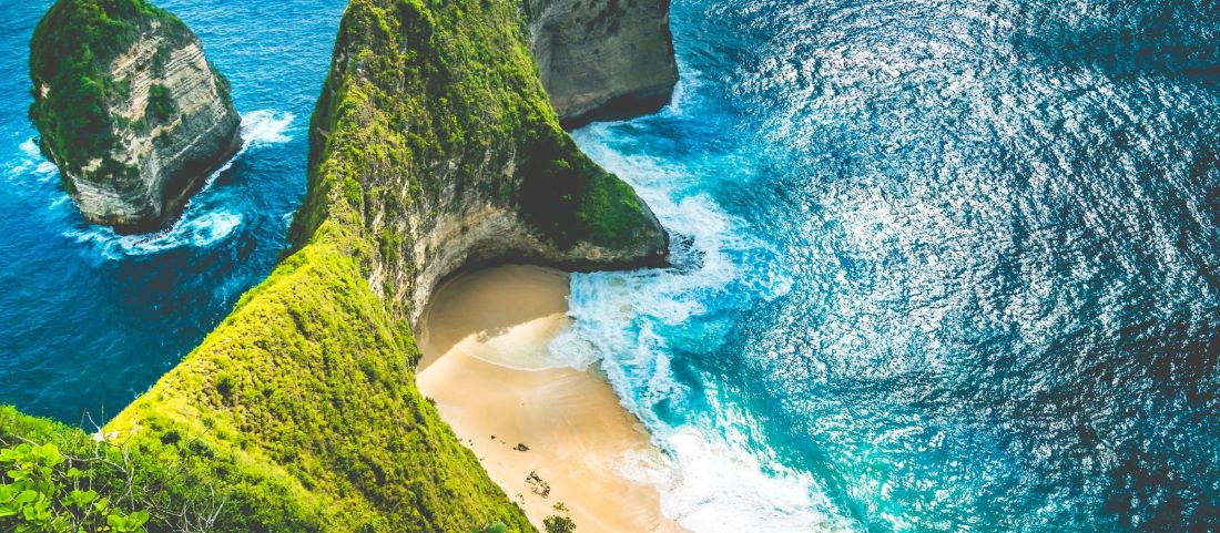 An ariel view of a section of Kelingking Beach Nusa Penida Bali.